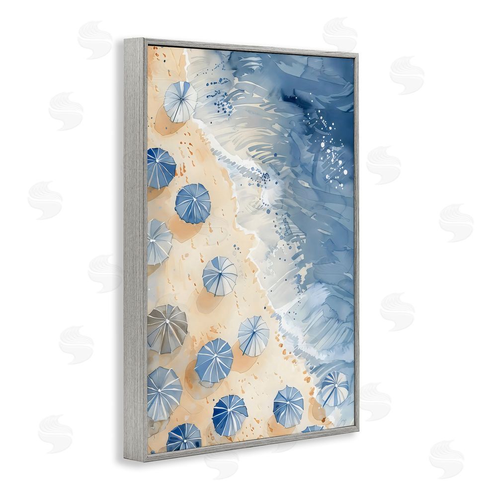LSR Design Studio Aerial Blue Beach Umbrellas Gray Framed Giclee Art Print