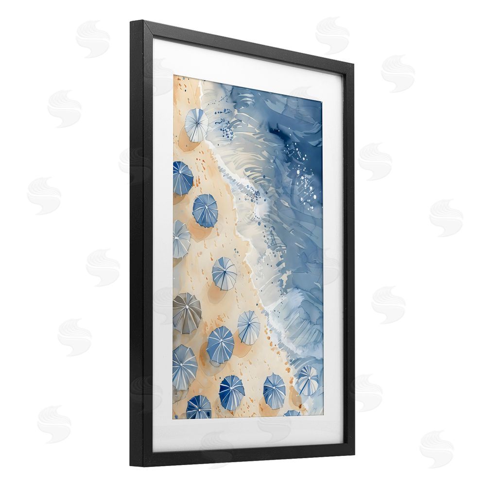LSR Design Studio Aerial Blue Beach Umbrellas Black Framed Print Under Glass Art