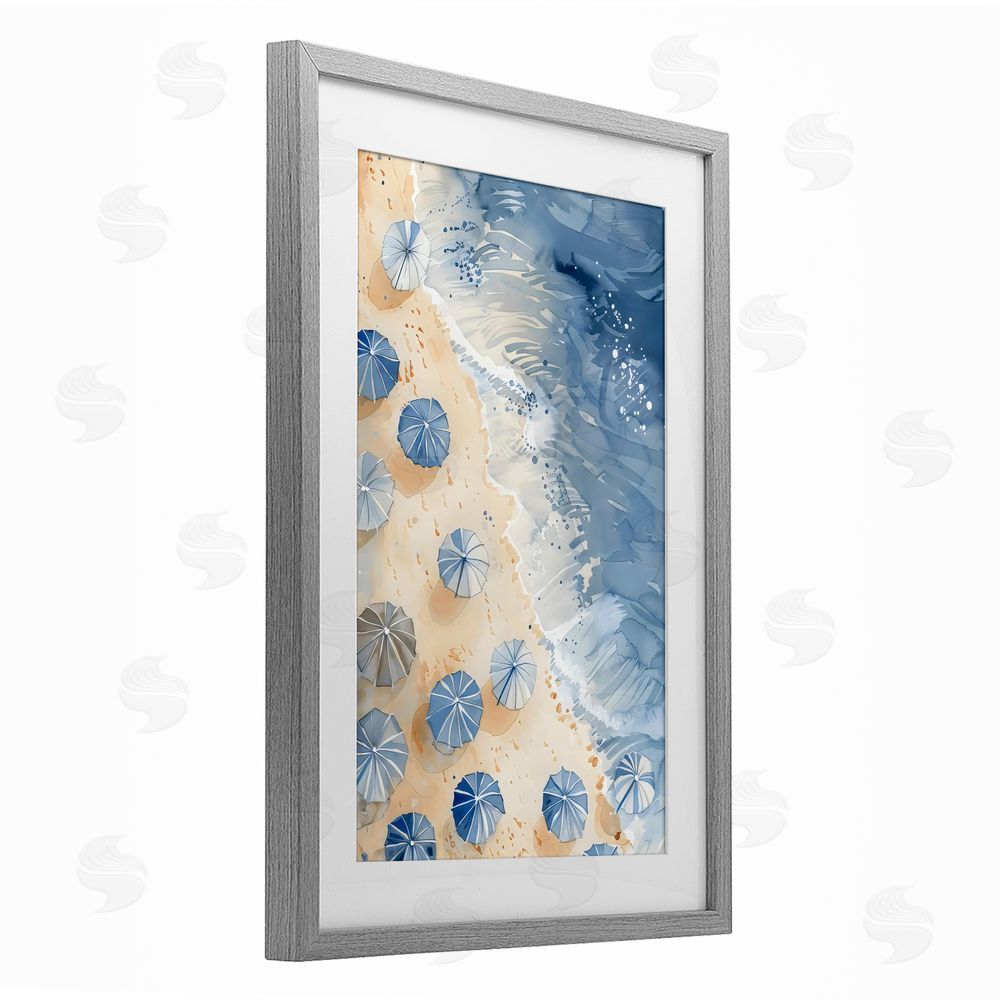 LSR Design Studio Aerial Blue Beach Umbrellas Gray Framed Print Under Glass Art