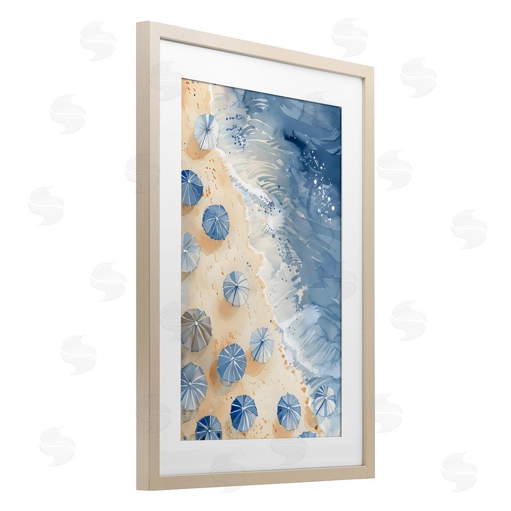 LSR Design Studio Aerial Blue Beach Umbrellas Birch Framed Print Under Glass Art