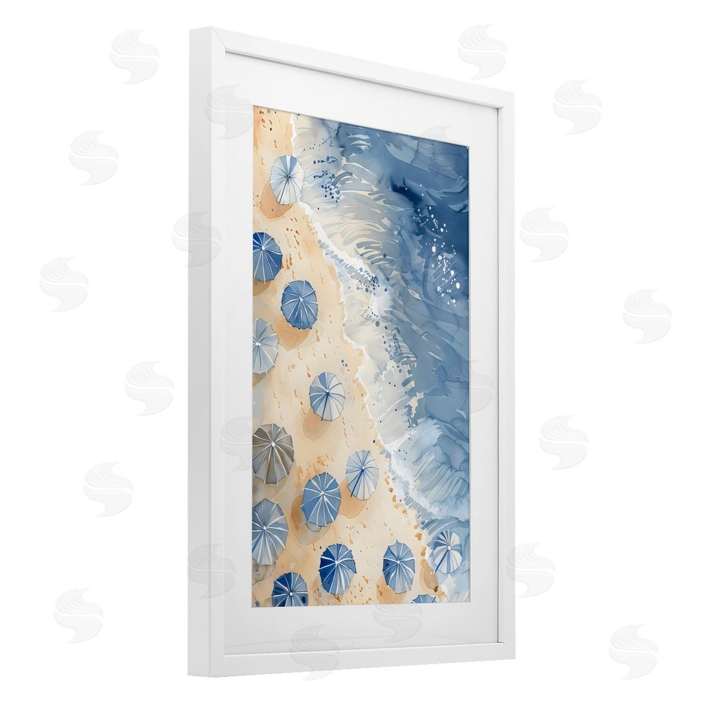 LSR Design Studio Aerial Blue Beach Umbrellas White Framed Print Under Glass Art