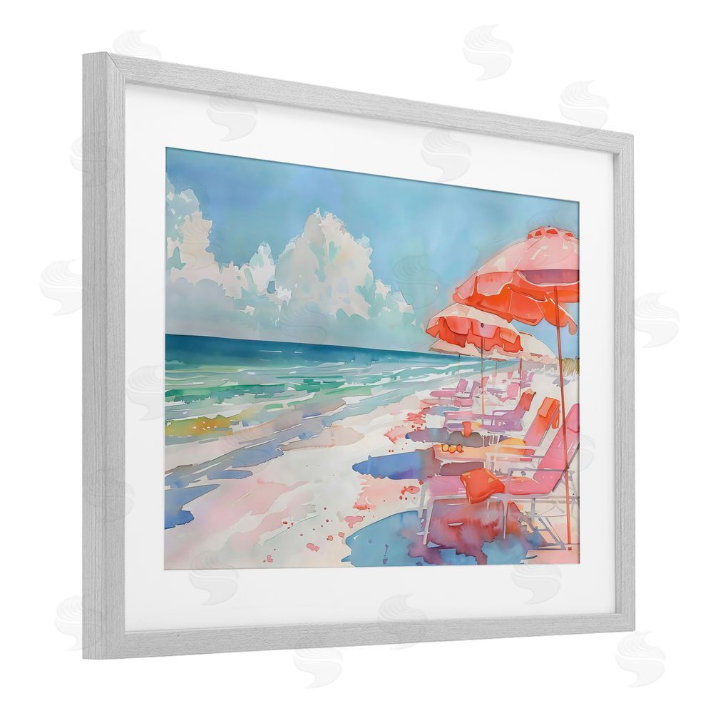 LSR Design Studio Peach Beach Relaxing Chairs Gray Framed Print Under Glass Art