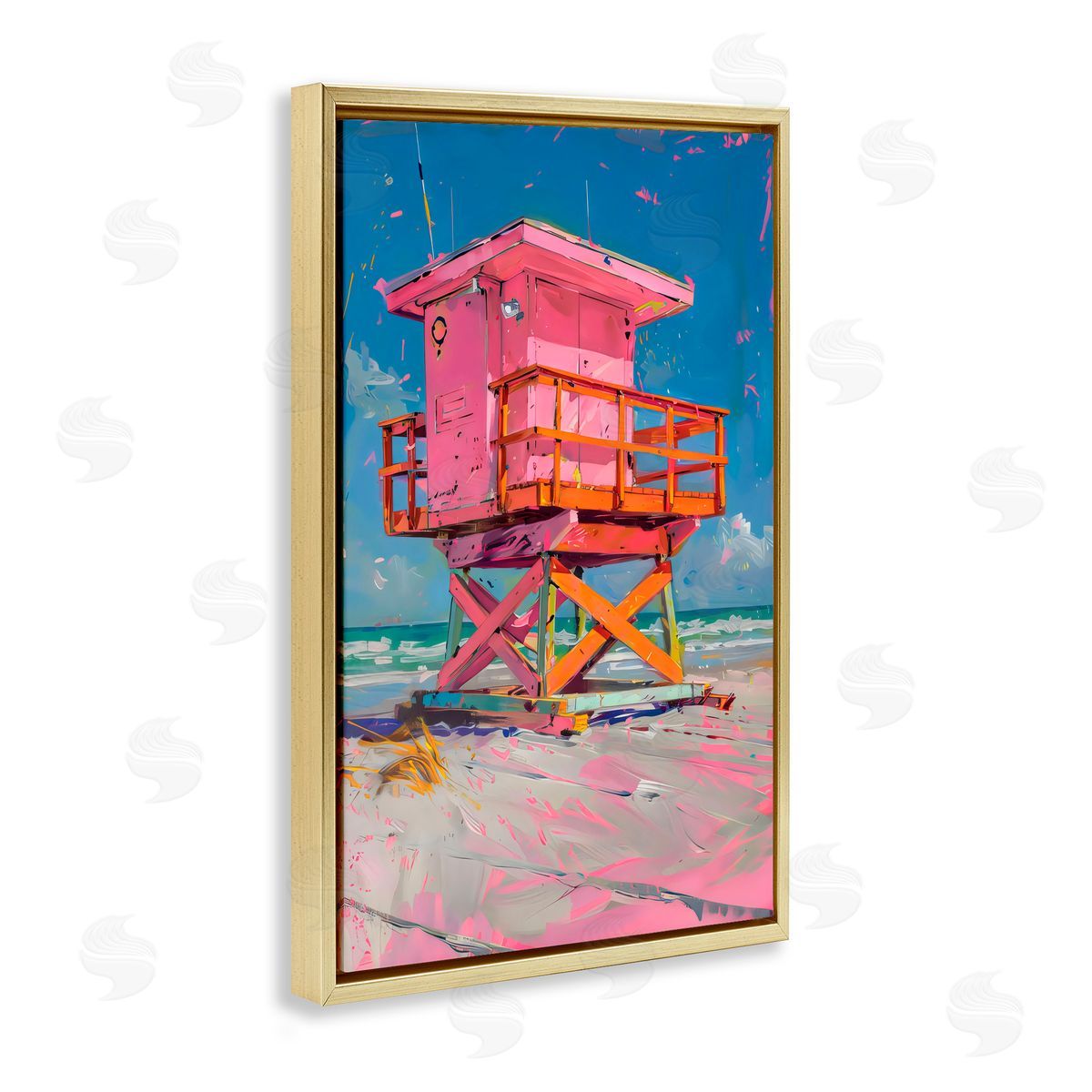 LSR Design Studio Pink Abstract Lifeguard Station Gold Floating Frame Canvas Art Print