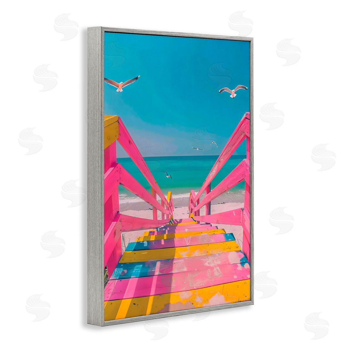 LSR Design Studio Retro Pink Beach Stairs Gray Framed Giclee Art Print