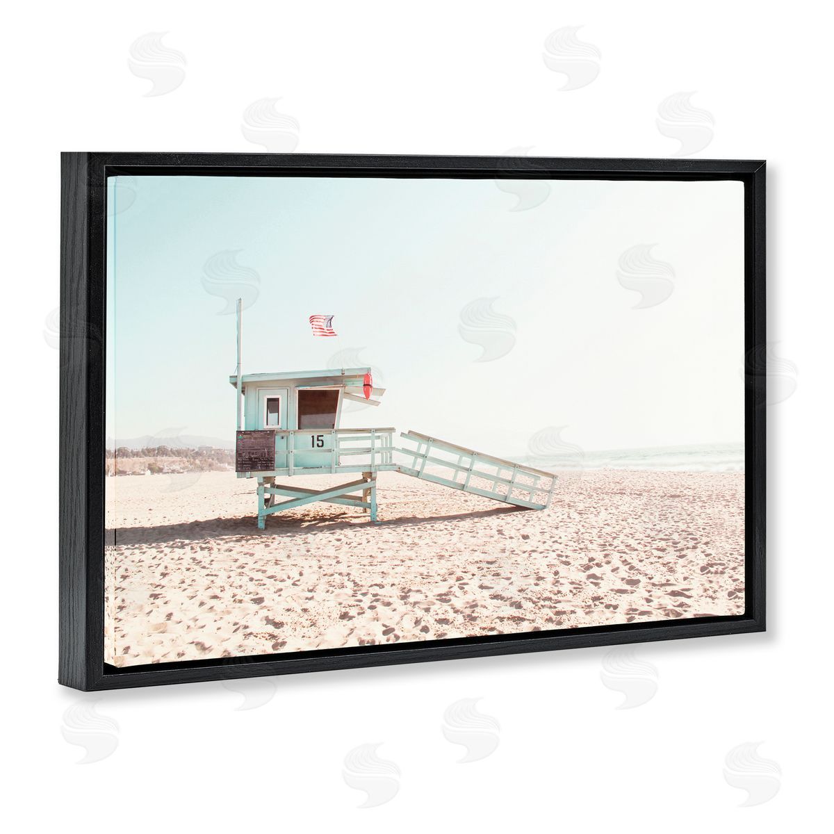 Sisi and Seb Lifeguard Hut USA Flag Black Floating Frame Canvas Wall Art Print
