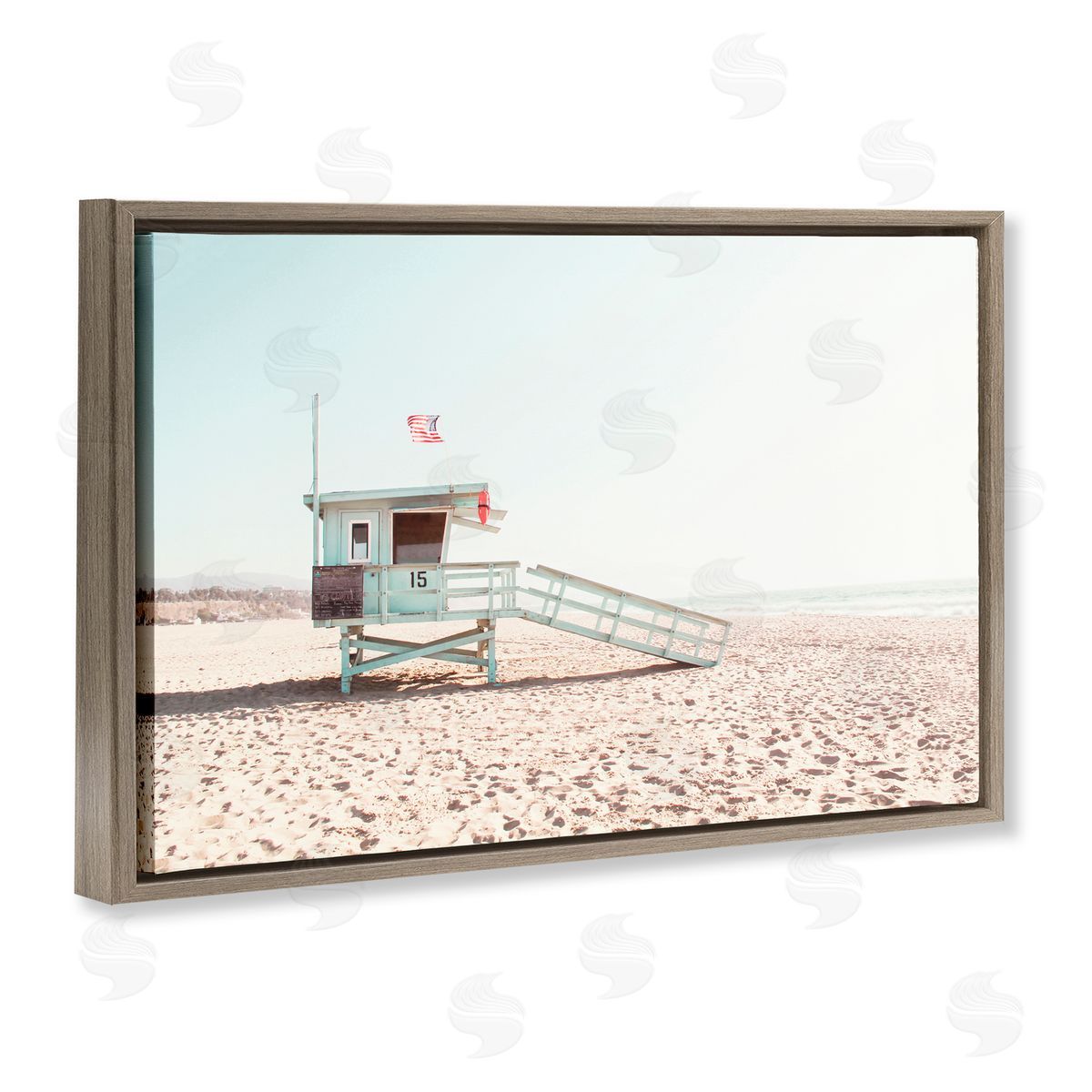 Sisi and Seb Lifeguard Hut USA Flag Brown Floating Frame Canvas Art Print
