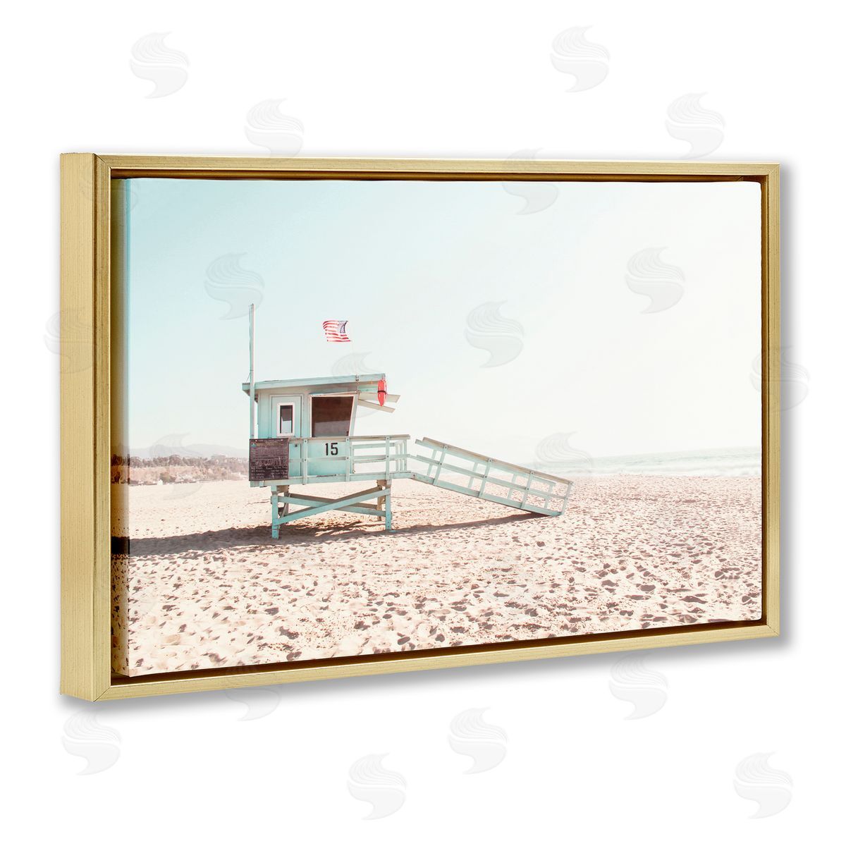 Sisi and Seb Lifeguard Hut USA Flag Gold Floating Frame Canvas Art Print