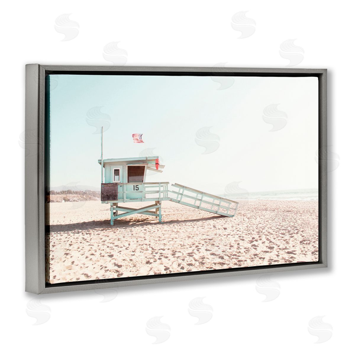 Sisi and Seb Lifeguard Hut USA Flag Gray Floating Frame Canvas Art Print