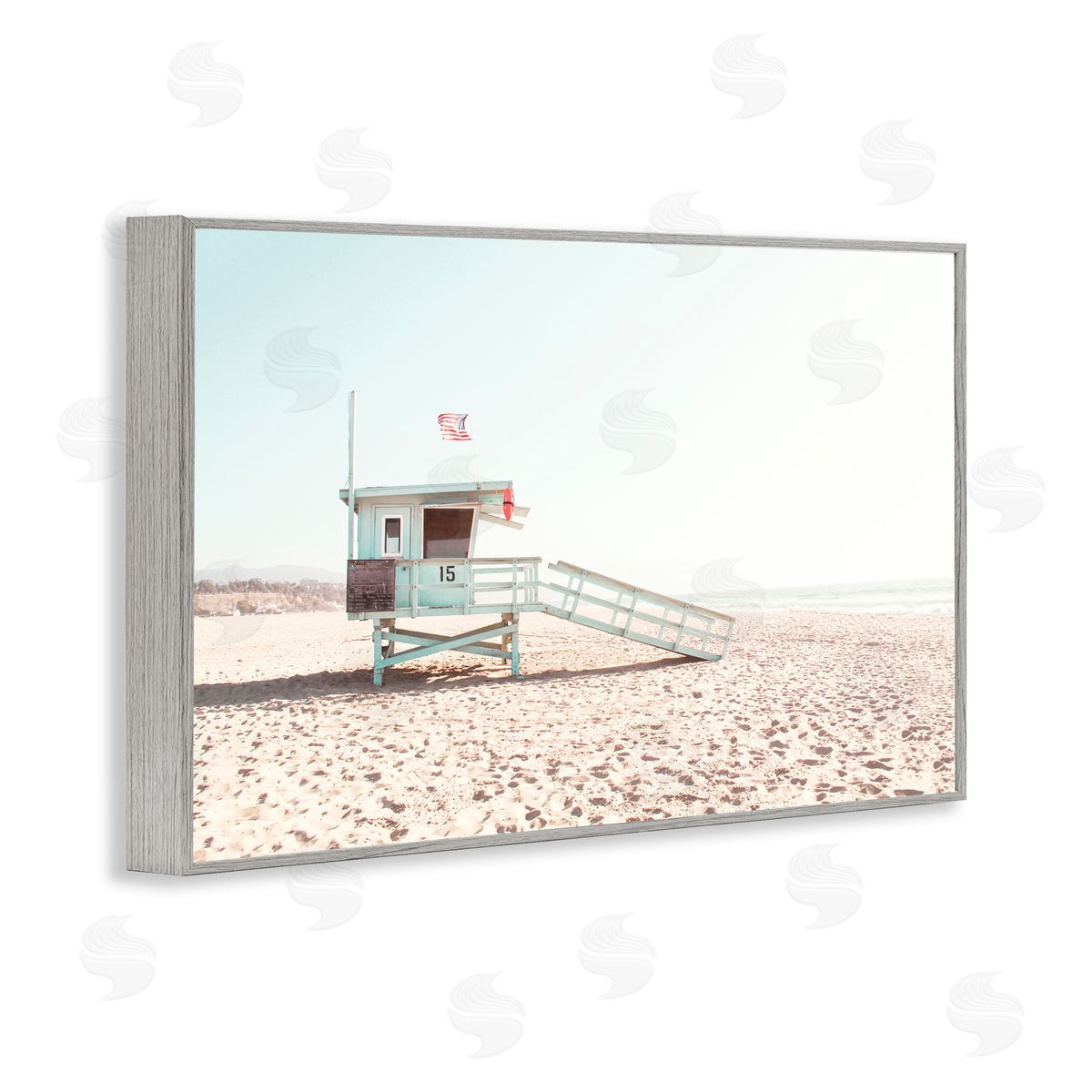 Sisi and Seb Lifeguard Hut USA Flag Gray Framed Giclee Art Print