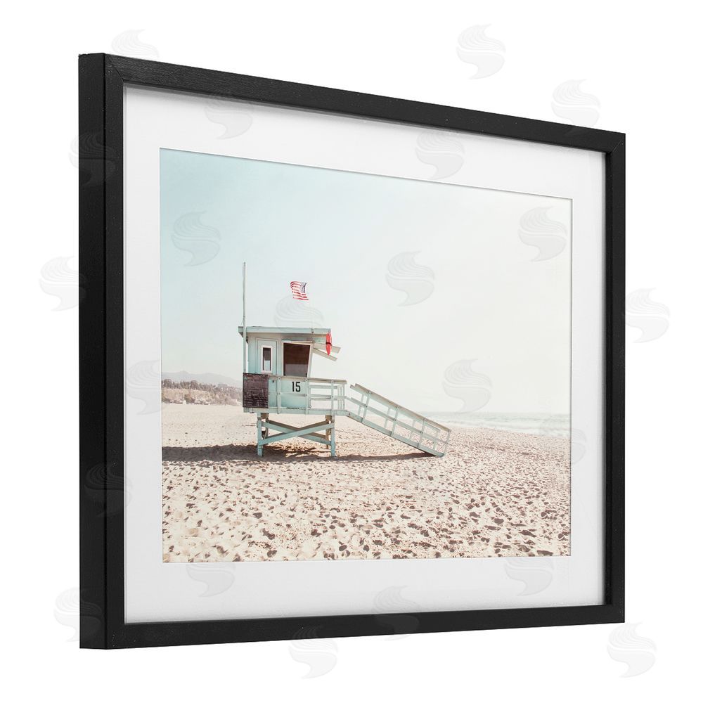 Sisi and Seb Lifeguard Hut USA Flag Black Framed Print Under Glass Art
