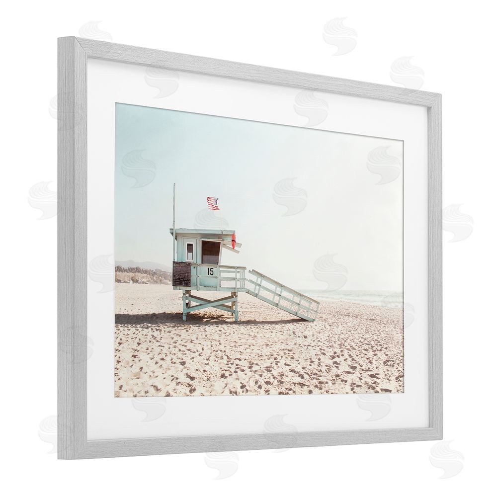 Sisi and Seb Lifeguard Hut USA Flag Gray Framed Print Under Glass Art