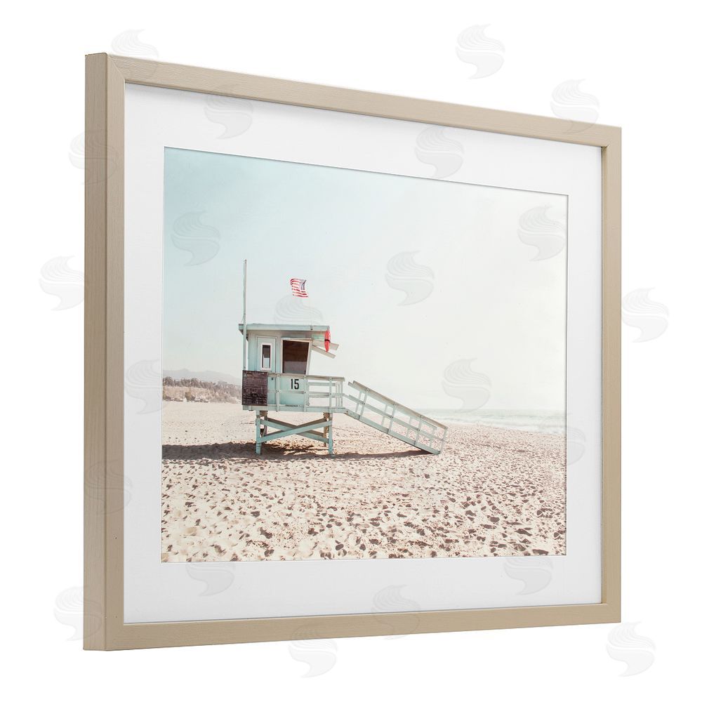Sisi and Seb Lifeguard Hut USA Flag Birch Framed Print Under Glass Art