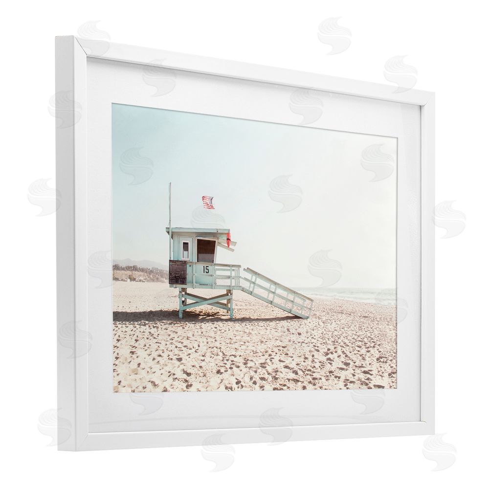 Sisi and Seb Lifeguard Hut USA Flag White Framed Print Under Glass Art