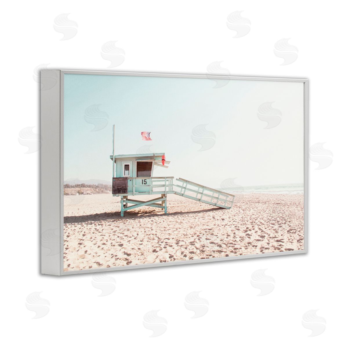 Sisi and Seb Lifeguard Hut USA Flag White Frame Giclee Art Print