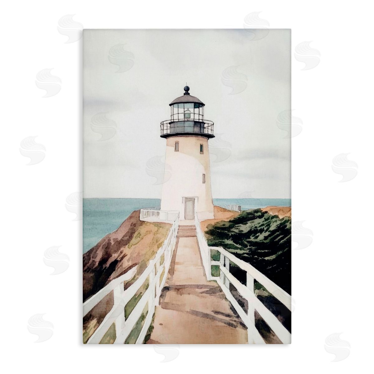 Sisi and Seb Watercolor Lighthouse Path Canvas Wall Art Print