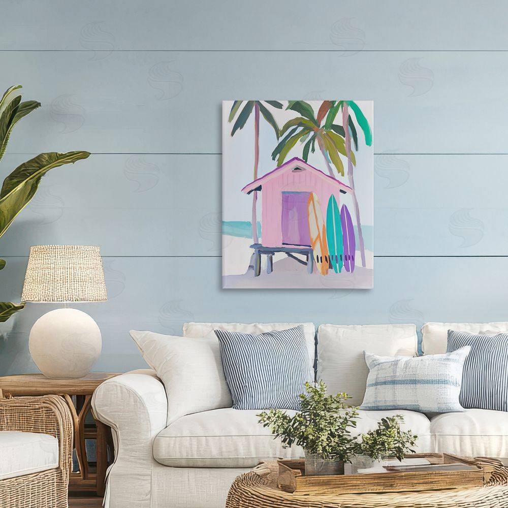 Sisi and Seb Pink Beach Hut & Bright Boards Printed Wall Art in Room