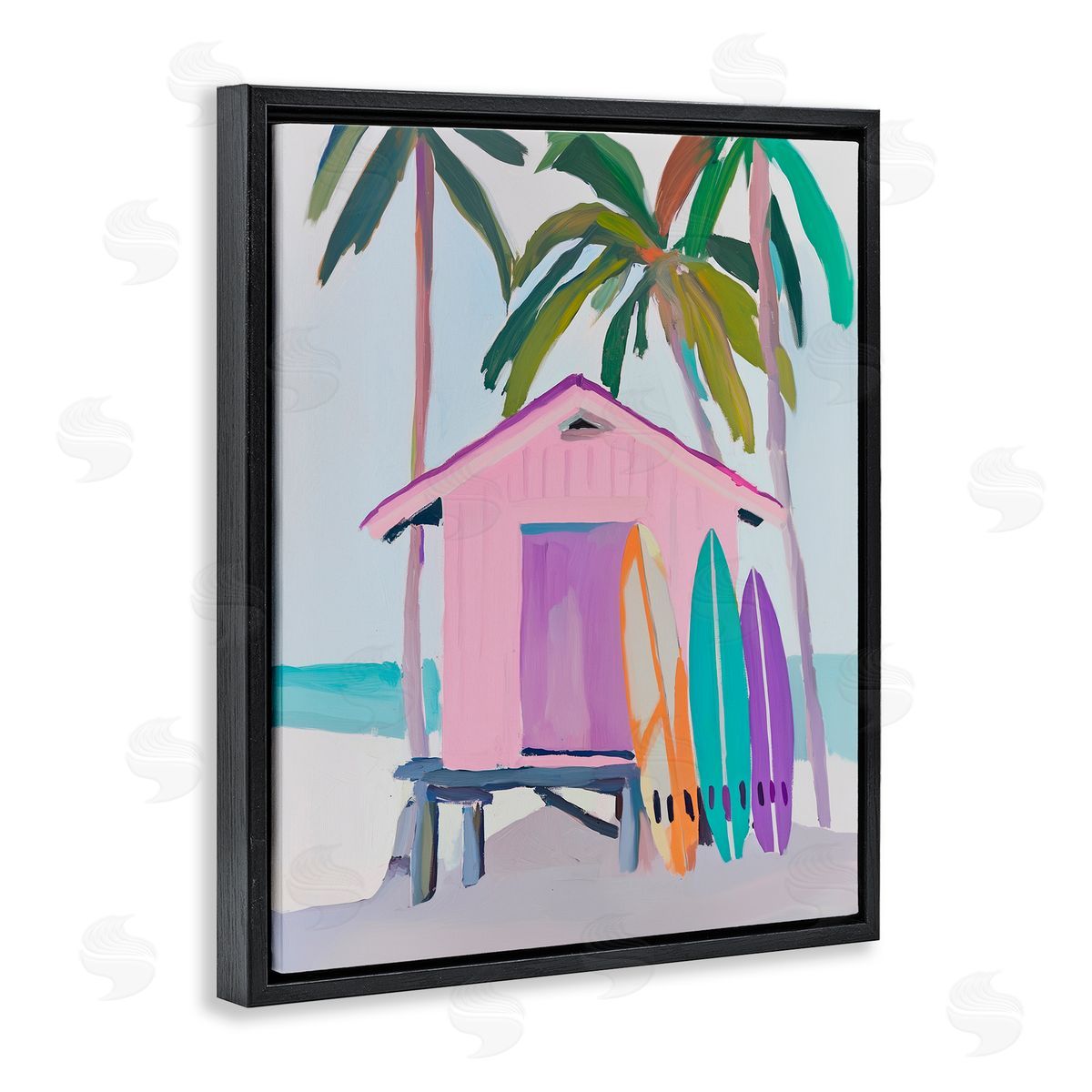 Sisi and Seb Pink Beach Hut & Bright Boards Black Floating Frame Canvas Wall Art Print
