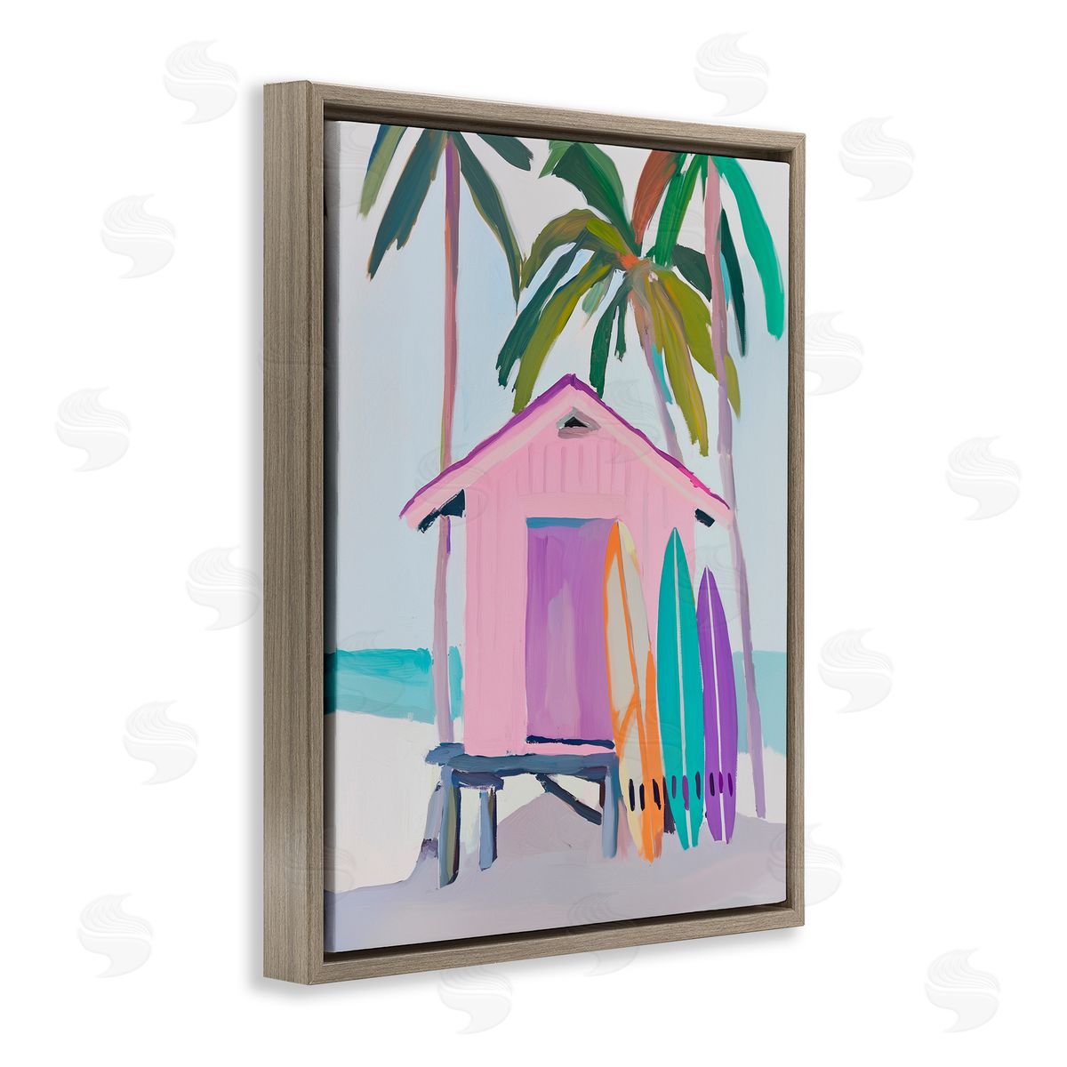 Sisi and Seb Pink Beach Hut & Bright Boards Brown Floating Frame Canvas Art Print