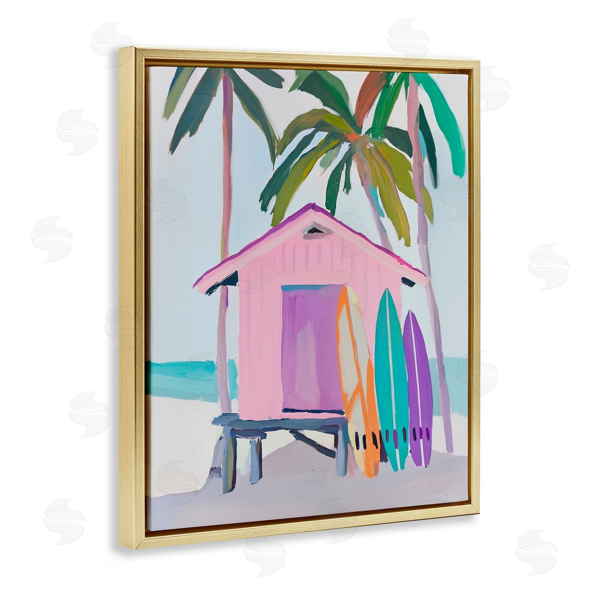 Sisi and Seb Pink Beach Hut & Bright Boards Gold Floating Frame Canvas Art Print
