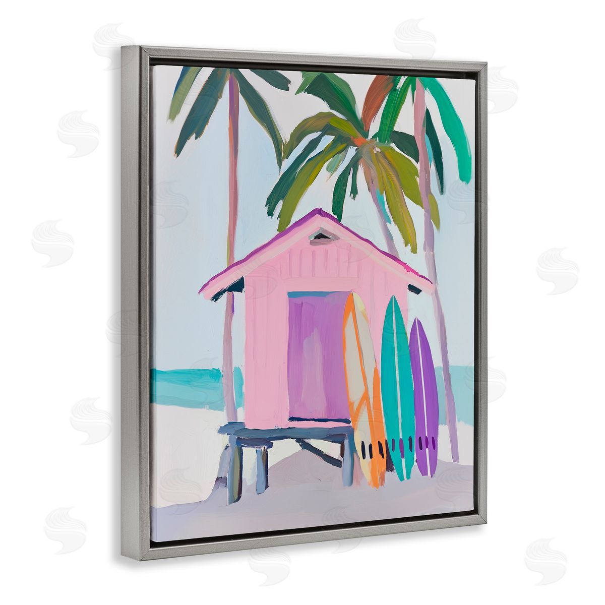 Sisi and Seb Pink Beach Hut & Bright Boards Gray Floating Frame Canvas Art Print
