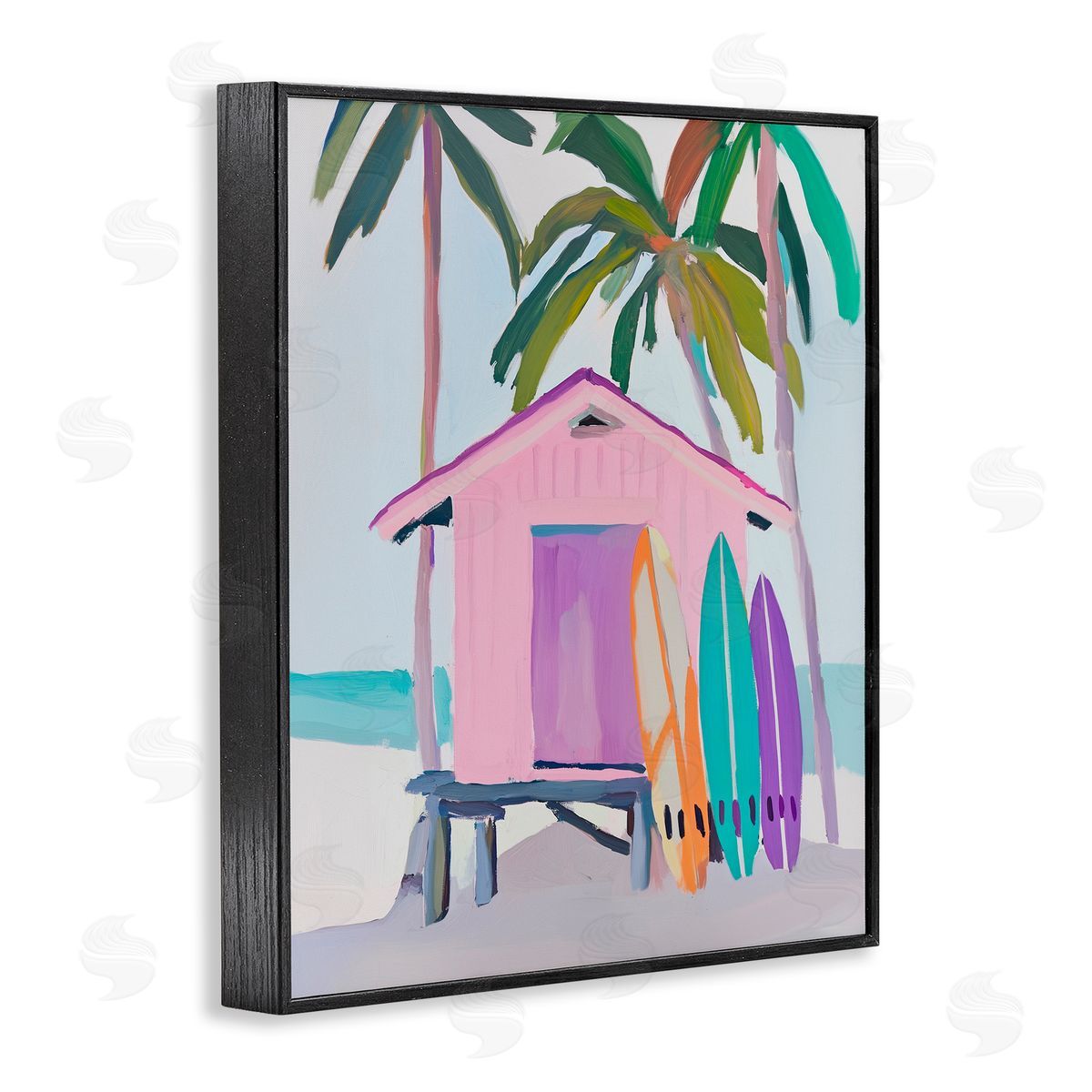 Sisi and Seb Pink Beach Hut & Bright Boards Black Framed Giclee Art Print