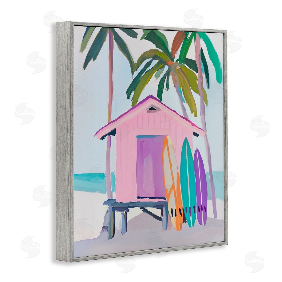 Sisi and Seb Pink Beach Hut & Bright Boards Gray Framed Giclee Art Print