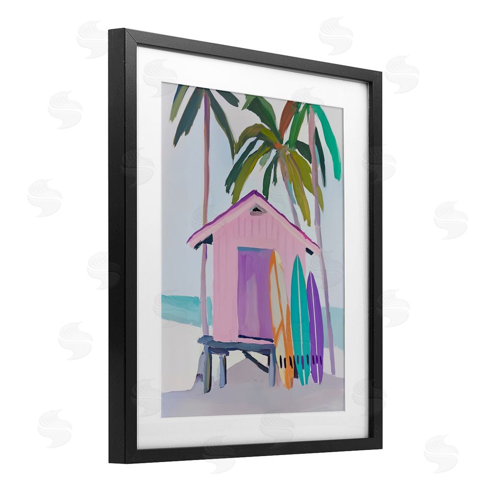 Sisi and Seb Pink Beach Hut & Bright Boards Black Framed Print Under Glass Art