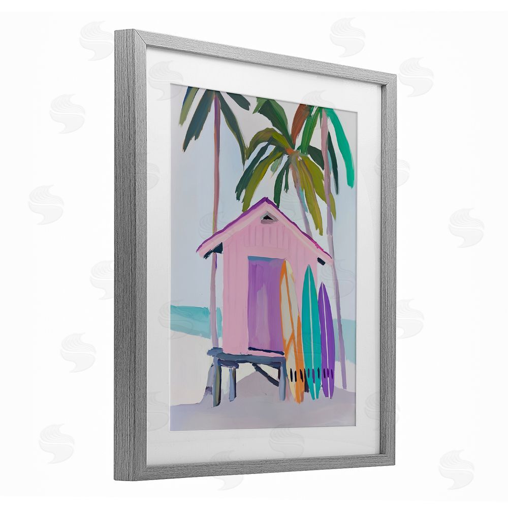 Sisi and Seb Pink Beach Hut & Bright Boards Gray Framed Print Under Glass Art