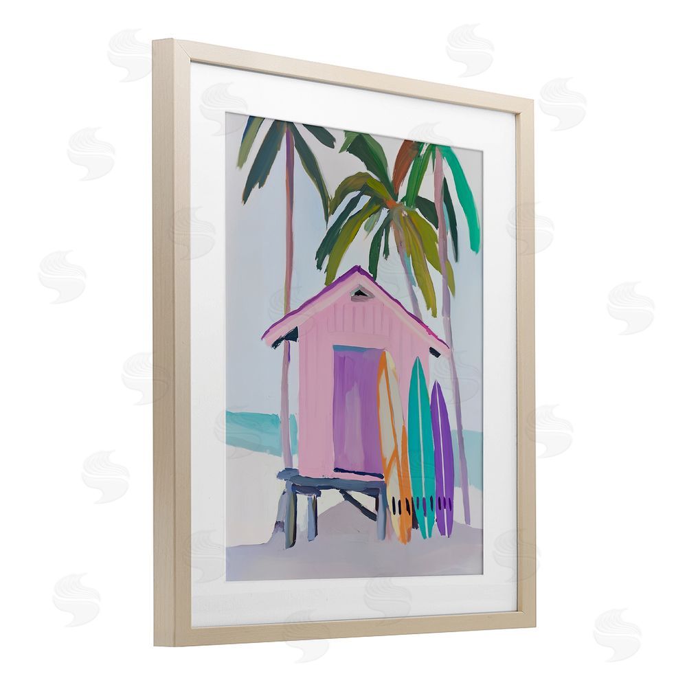 Sisi and Seb Pink Beach Hut & Bright Boards Birch Framed Print Under Glass Art