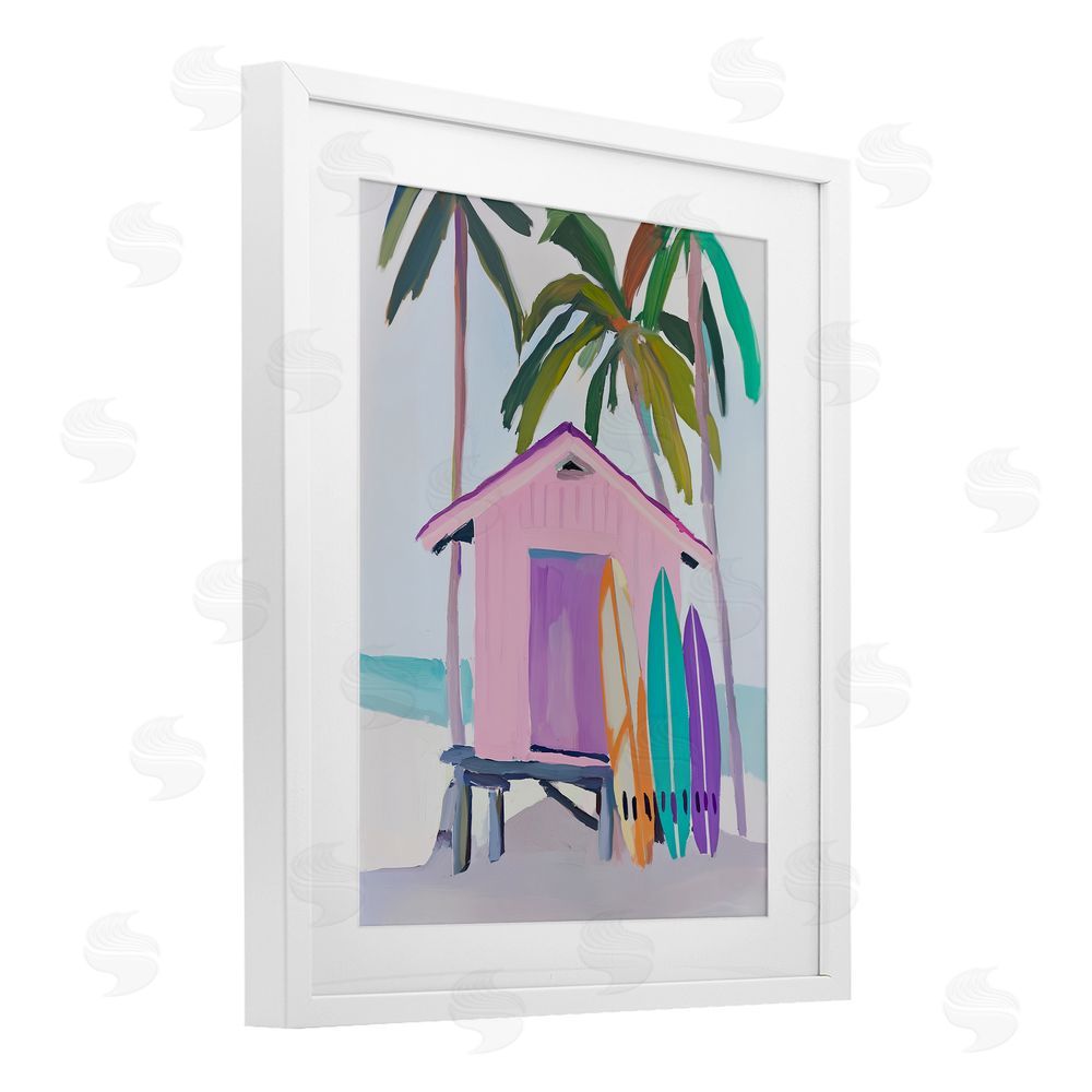 Sisi and Seb Pink Beach Hut & Bright Boards White Framed Print Under Glass Art