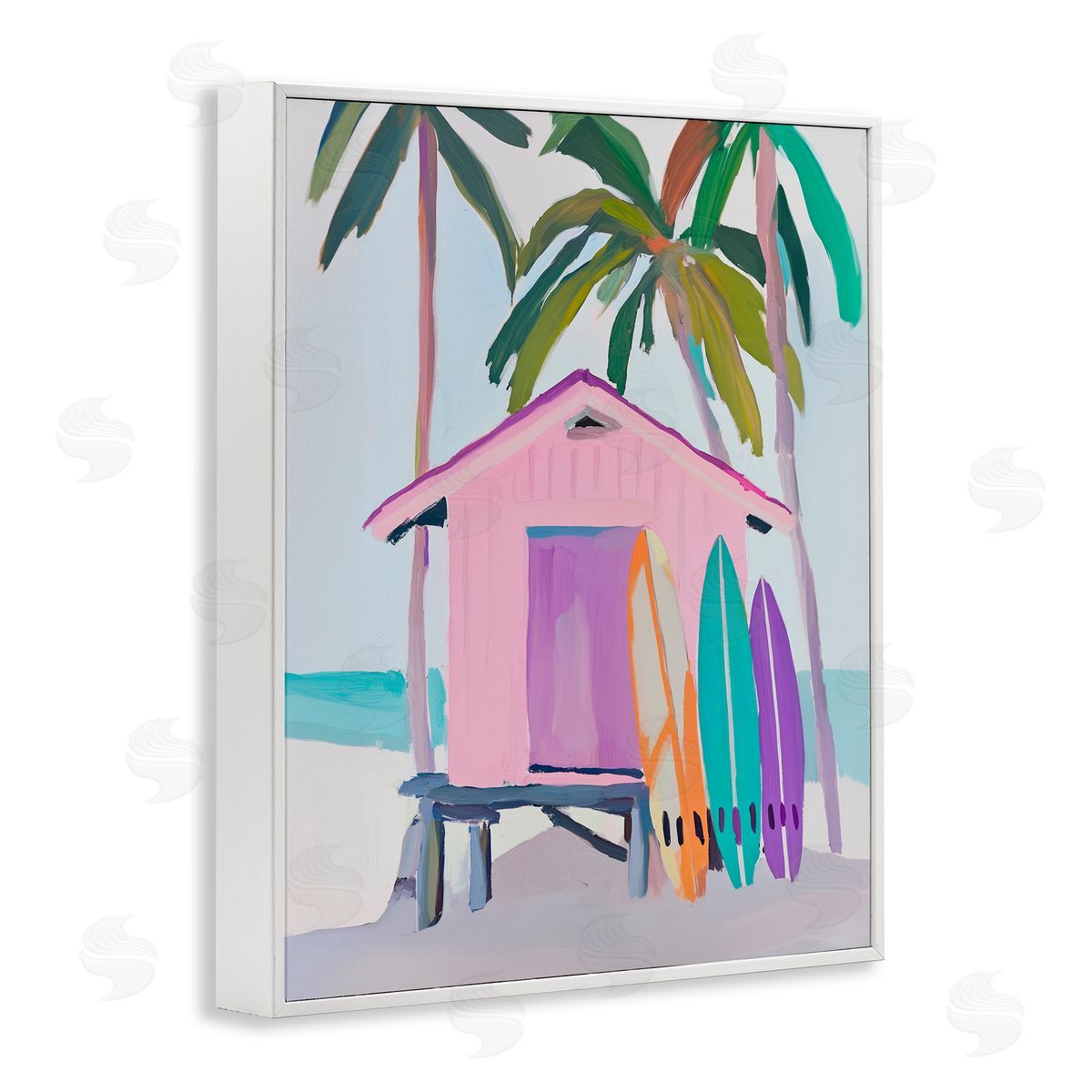 Sisi and Seb Pink Beach Hut & Bright Boards White Frame Giclee Art Print