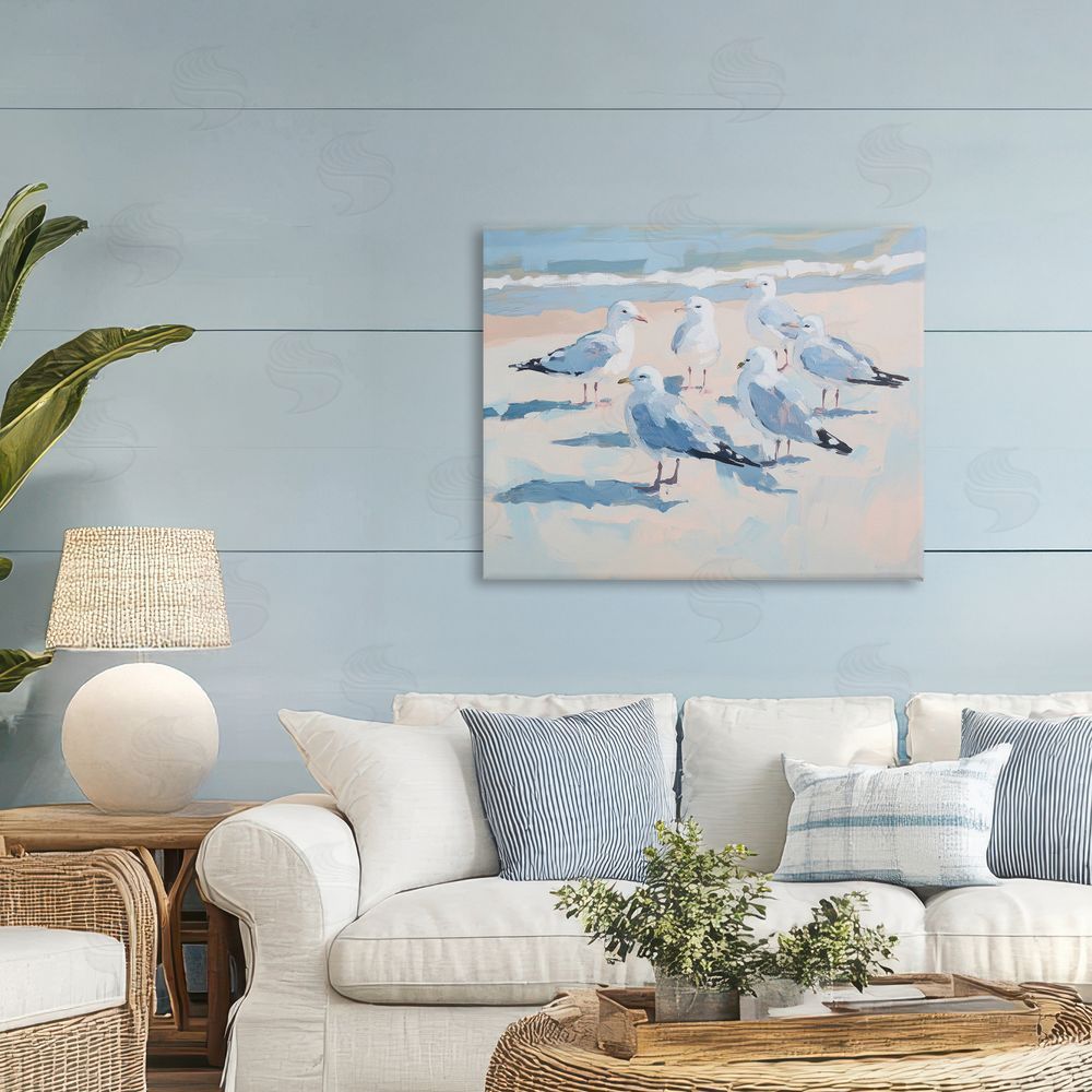 Sisi and Seb Summer Seagulls Crowding Shore Printed Wall Art in Room