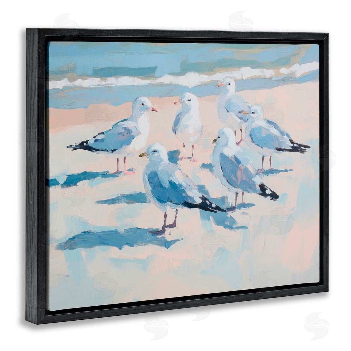 Sisi and Seb Summer Seagulls Crowding Shore Black Floating Frame Canvas Wall Art Print