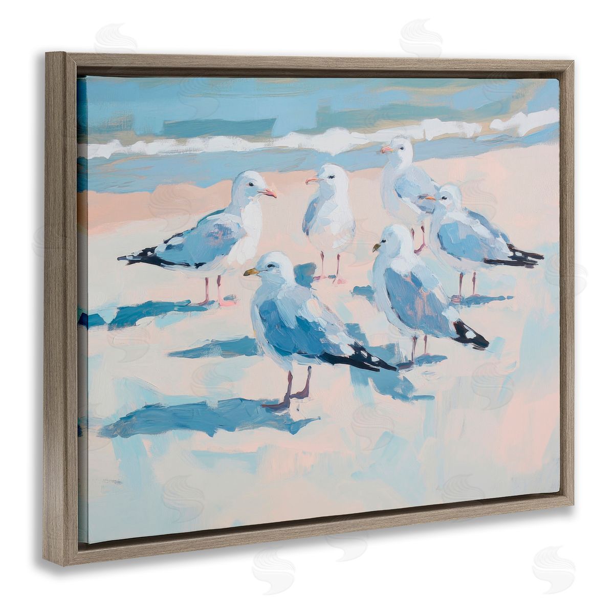 Sisi and Seb Summer Seagulls Crowding Shore Brown Floating Frame Canvas Art Print