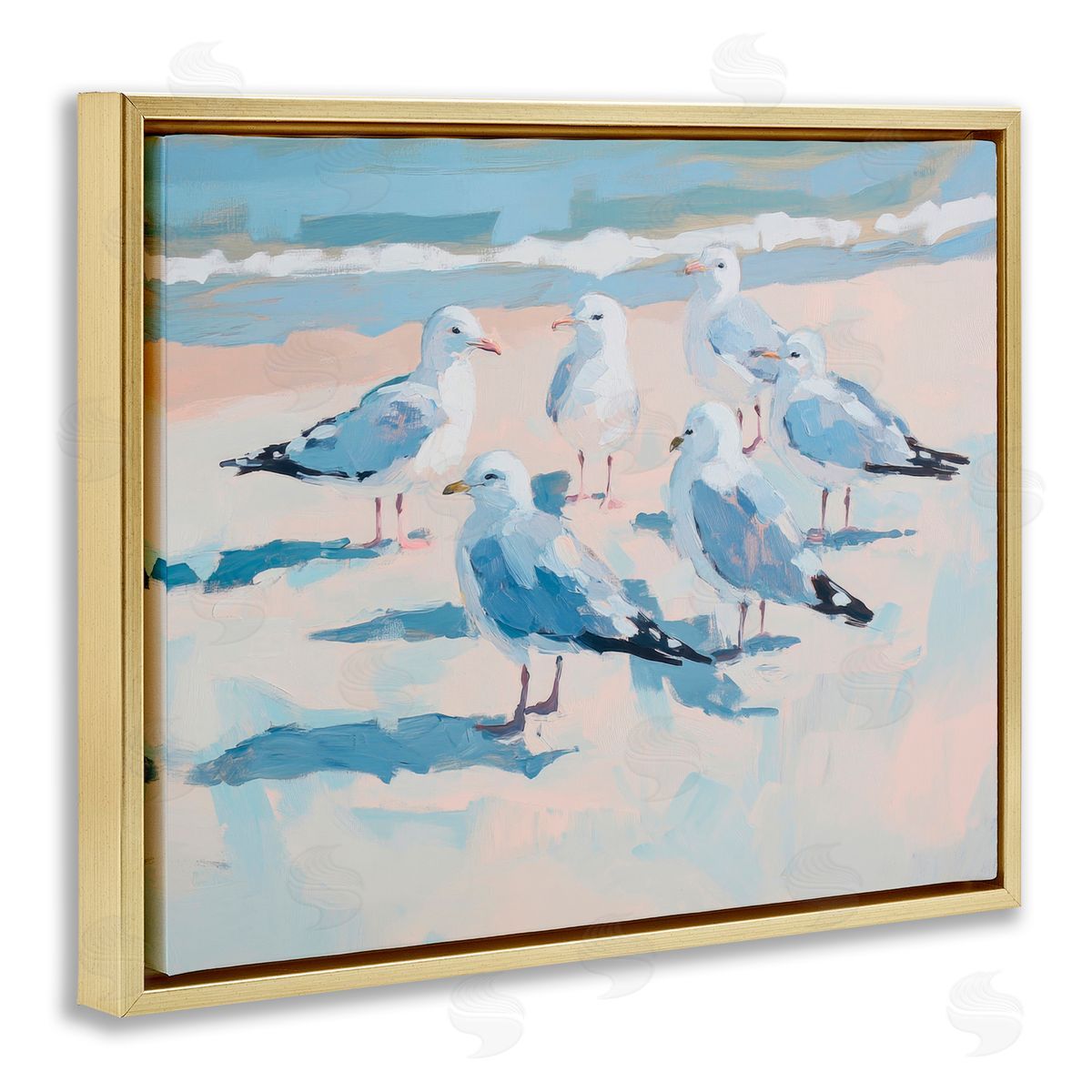 Sisi and Seb Summer Seagulls Crowding Shore Gold Floating Frame Canvas Art Print