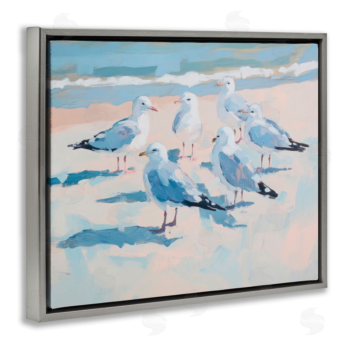 Sisi and Seb Summer Seagulls Crowding Shore Gray Floating Frame Canvas Art Print