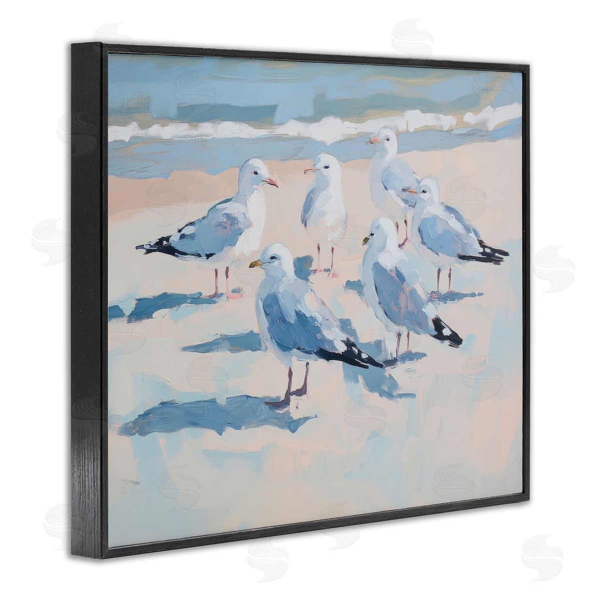 Sisi and Seb Summer Seagulls Crowding Shore Black Framed Giclee Art Print