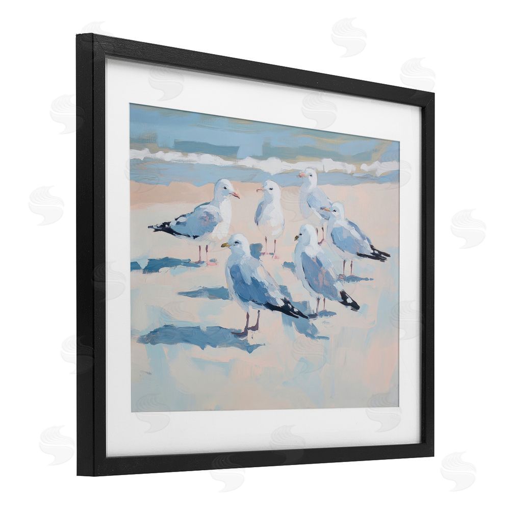 Sisi and Seb Summer Seagulls Crowding Shore Black Framed Print Under Glass Art