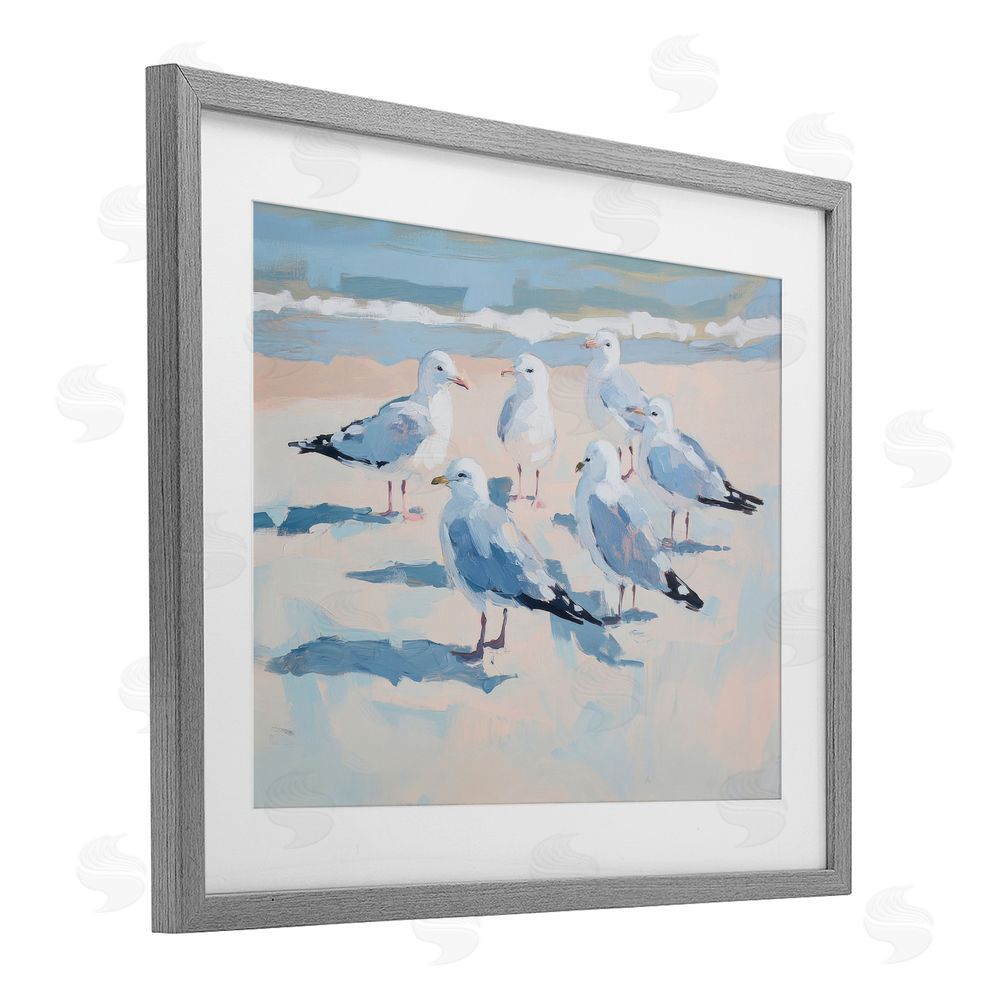 Sisi and Seb Summer Seagulls Crowding Shore Gray Framed Print Under Glass Art