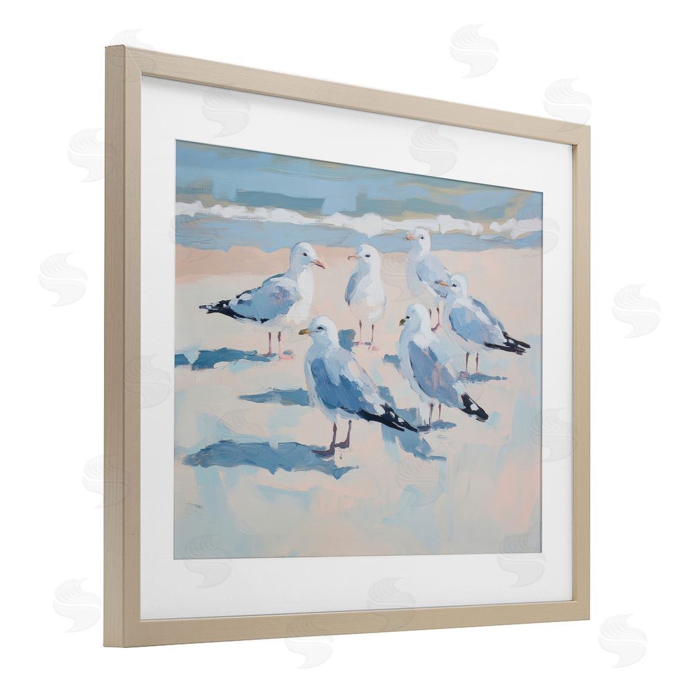 Sisi and Seb Summer Seagulls Crowding Shore Birch Framed Print Under Glass Art