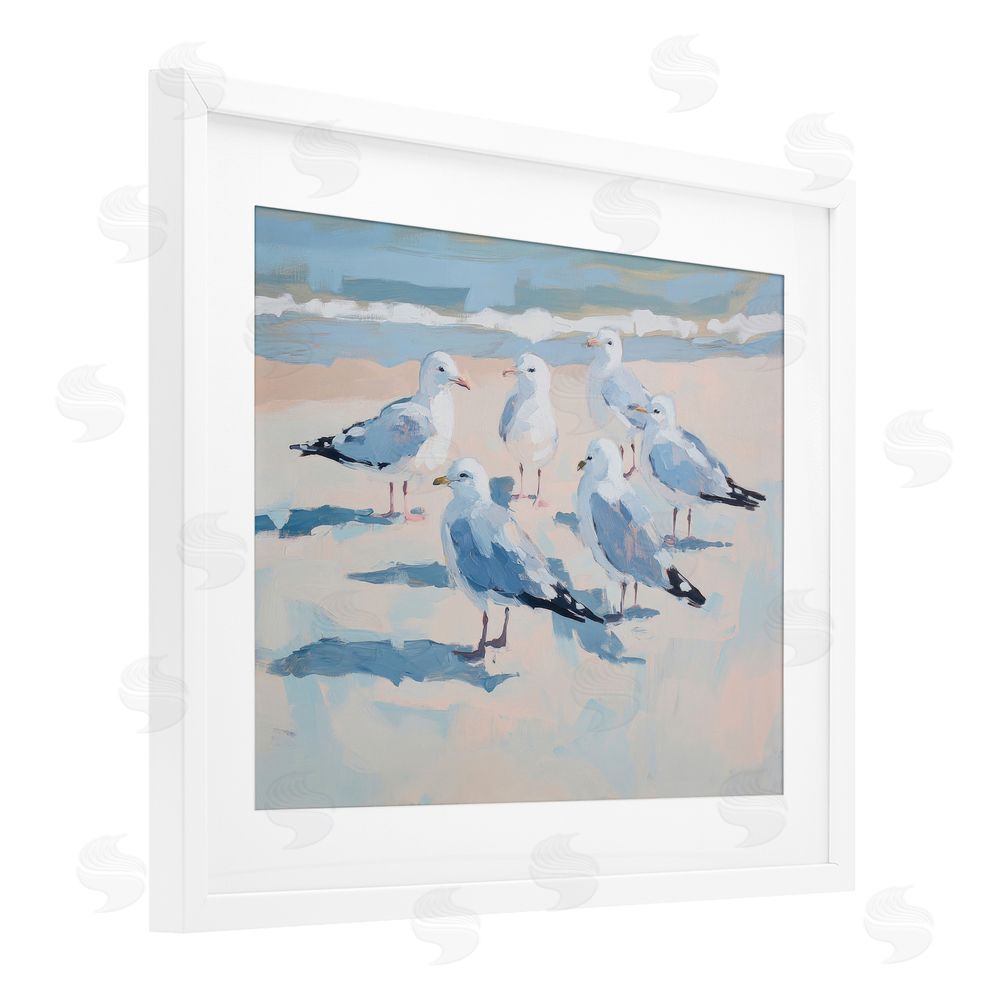 Sisi and Seb Summer Seagulls Crowding Shore White Framed Print Under Glass Art