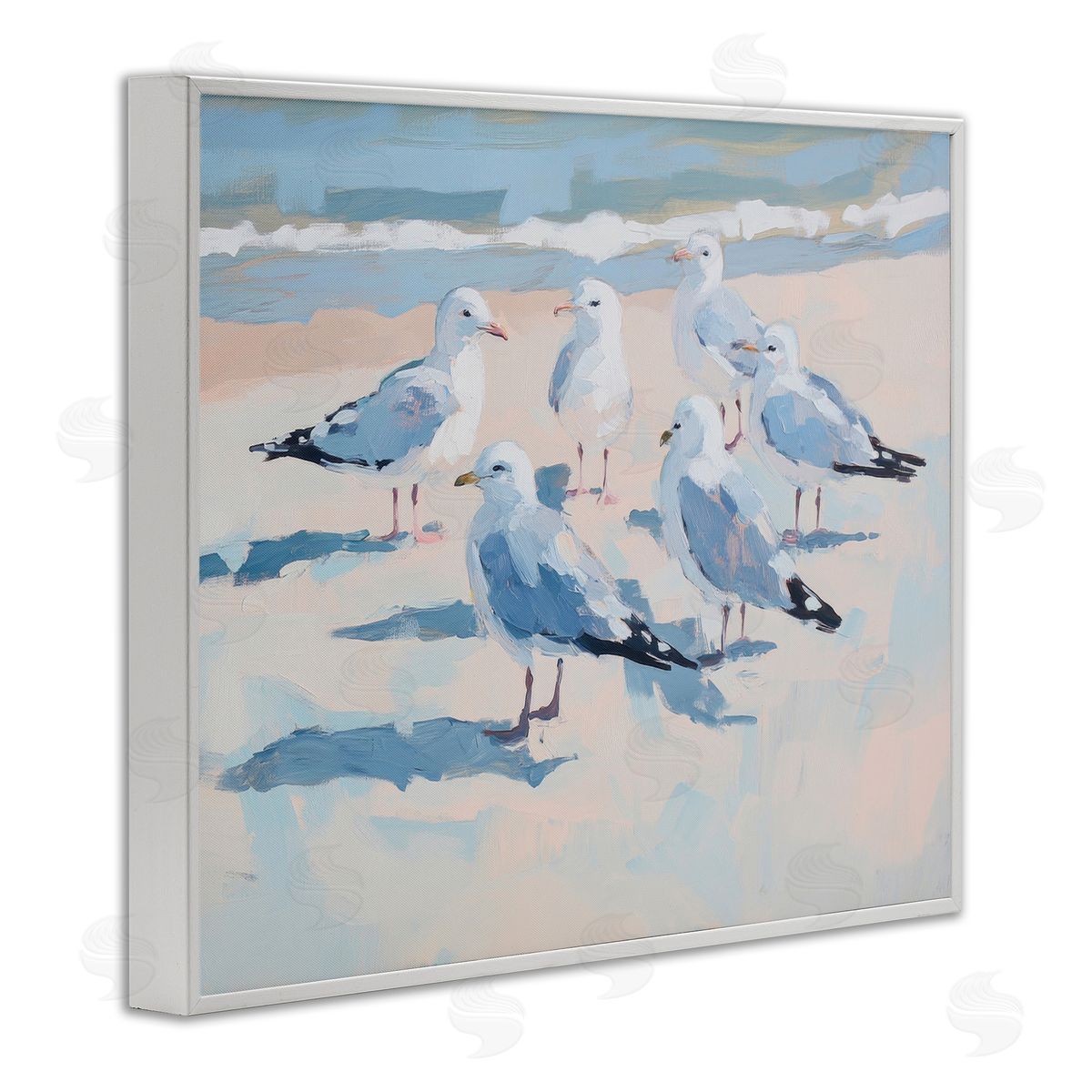Sisi and Seb Summer Seagulls Crowding Shore White Frame Giclee Art Print