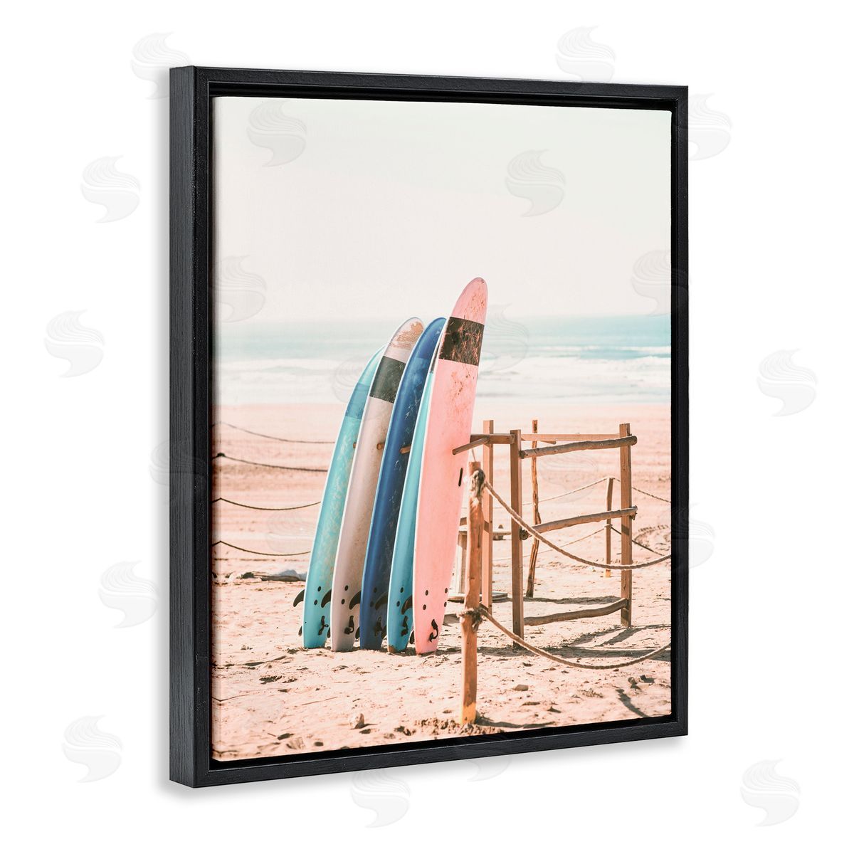 Sisi and Seb Retro Beach Surfboards Leaning Black Floating Frame Canvas Wall Art Print