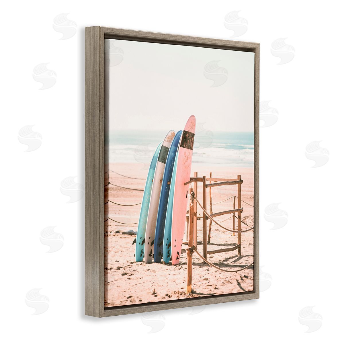 Sisi and Seb Retro Beach Surfboards Leaning Brown Floating Frame Canvas Art Print