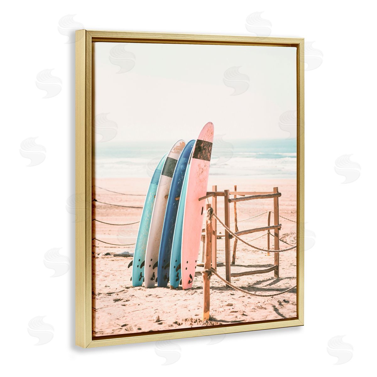 Sisi and Seb Retro Beach Surfboards Leaning Gold Floating Frame Canvas Art Print
