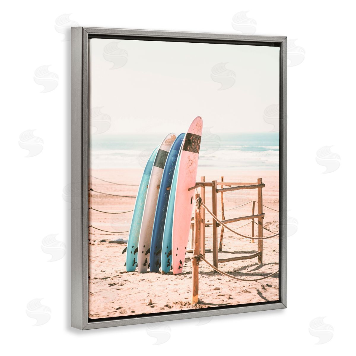 Sisi and Seb Retro Beach Surfboards Leaning Gray Floating Frame Canvas Art Print