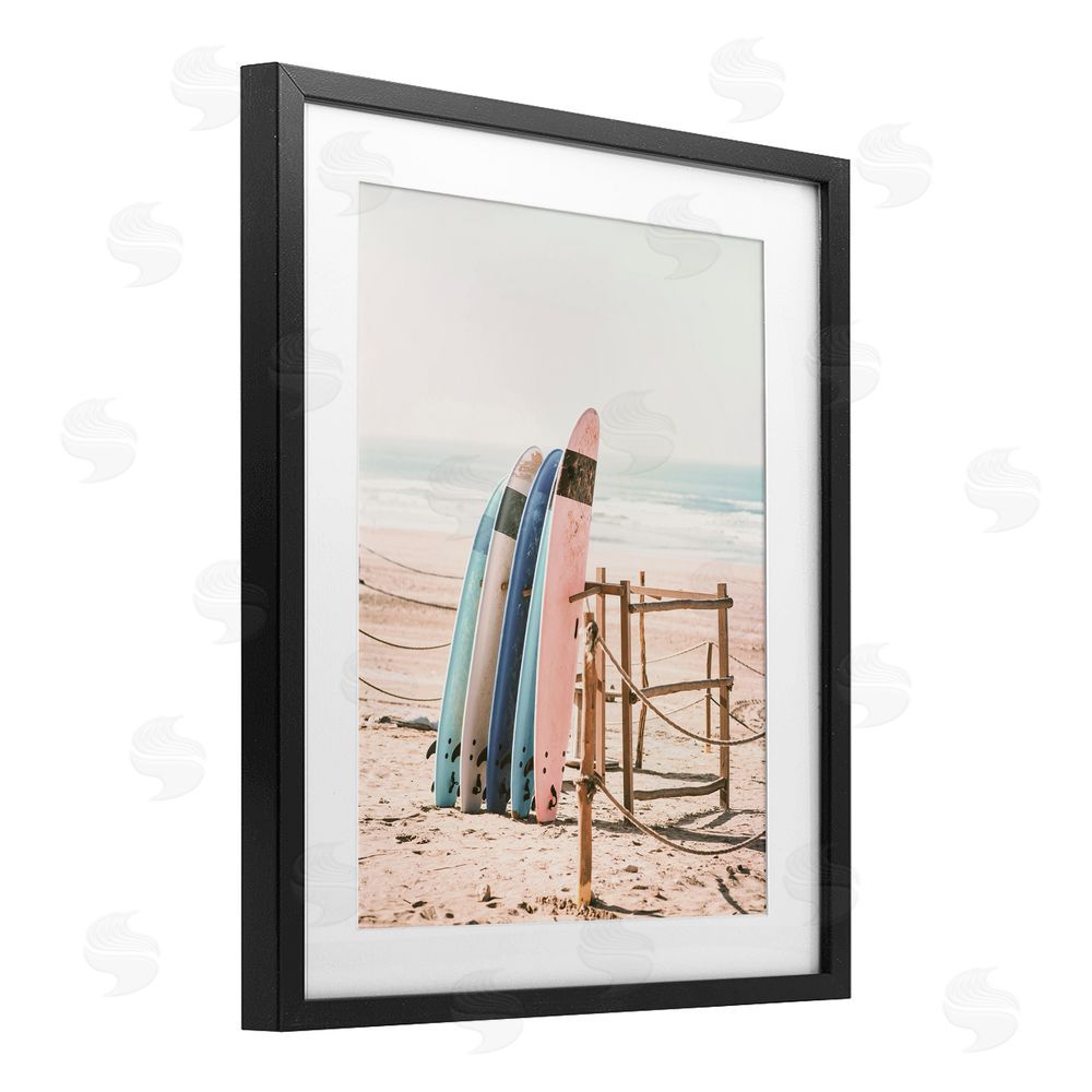 Sisi and Seb Retro Beach Surfboards Leaning Black Framed Print Under Glass Art