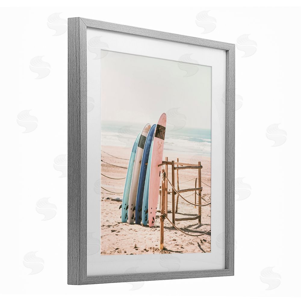 Sisi and Seb Retro Beach Surfboards Leaning Gray Framed Print Under Glass Art