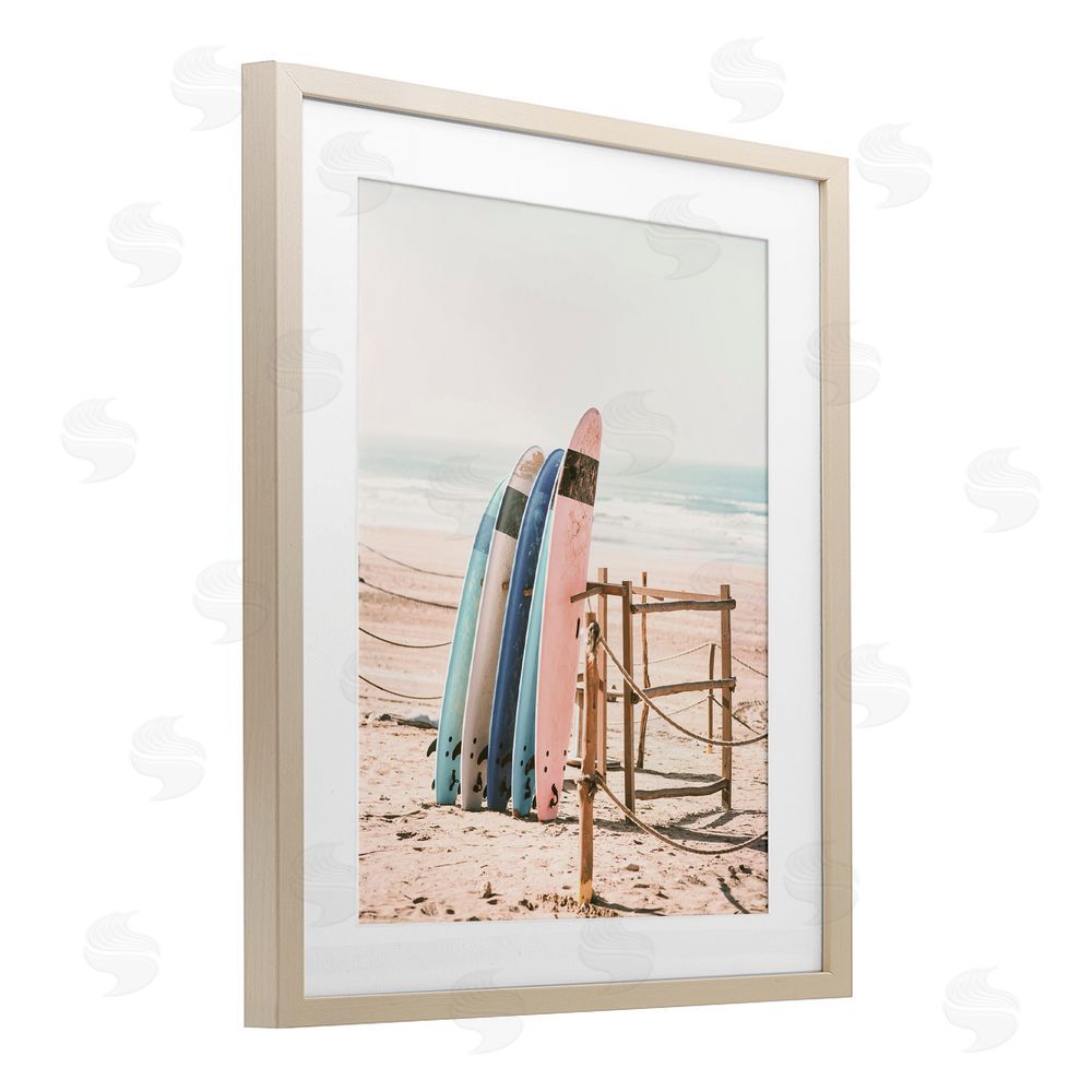 Sisi and Seb Retro Beach Surfboards Leaning Birch Framed Print Under Glass Art