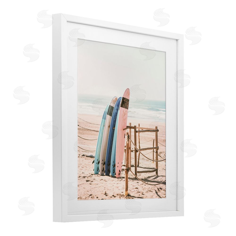 Sisi and Seb Retro Beach Surfboards Leaning White Framed Print Under Glass Art